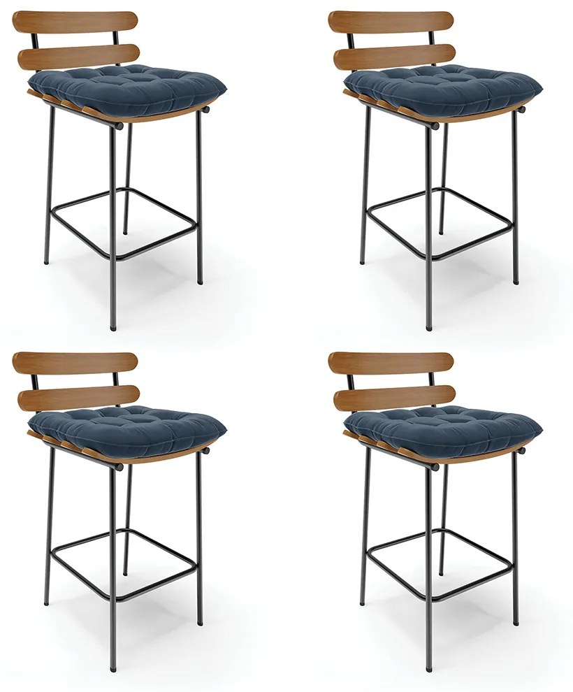 Kit 04 Banquetas Costela Suede Azul Marinho Base Metálica Preto - D'Rossi