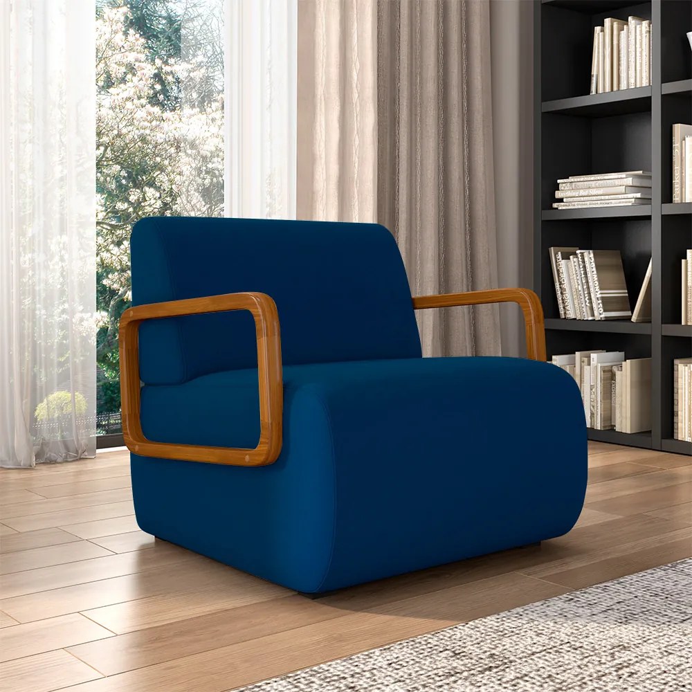 Kit 2 Poltronas Decorativa Sala de Estar Odessa Braços em Madeira Veludo Azul G33 - Gran Belo