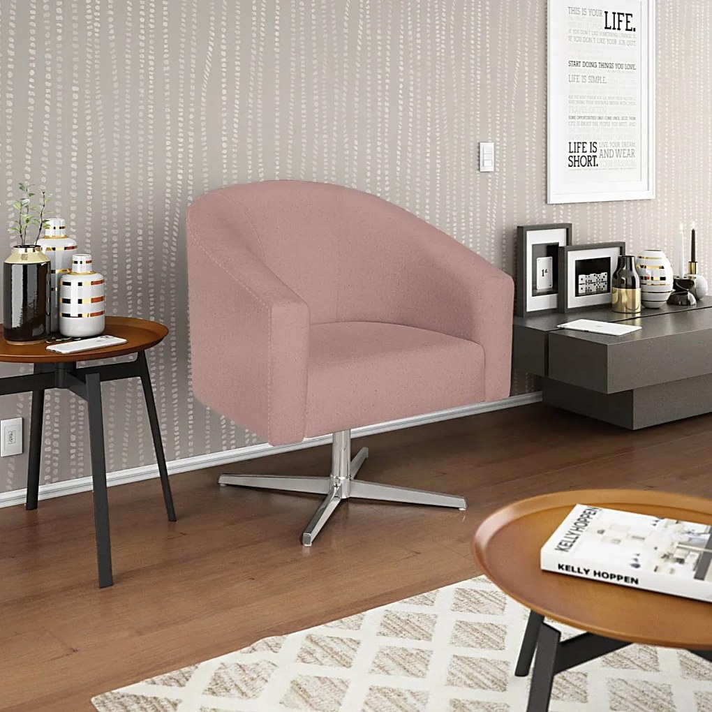 Poltrona Luiza Base Giratória de Metal Linho Rosê - ADJ Decor