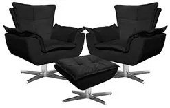 Kit 2 Poltronas Decorativas Base Giratória Cromada com Puff Opla Suede