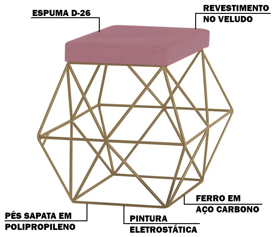 Kit 2 Puffs Decorativo Sala de Estar Base Gold Trixie Veludo Rosê G41 - Gran Belo