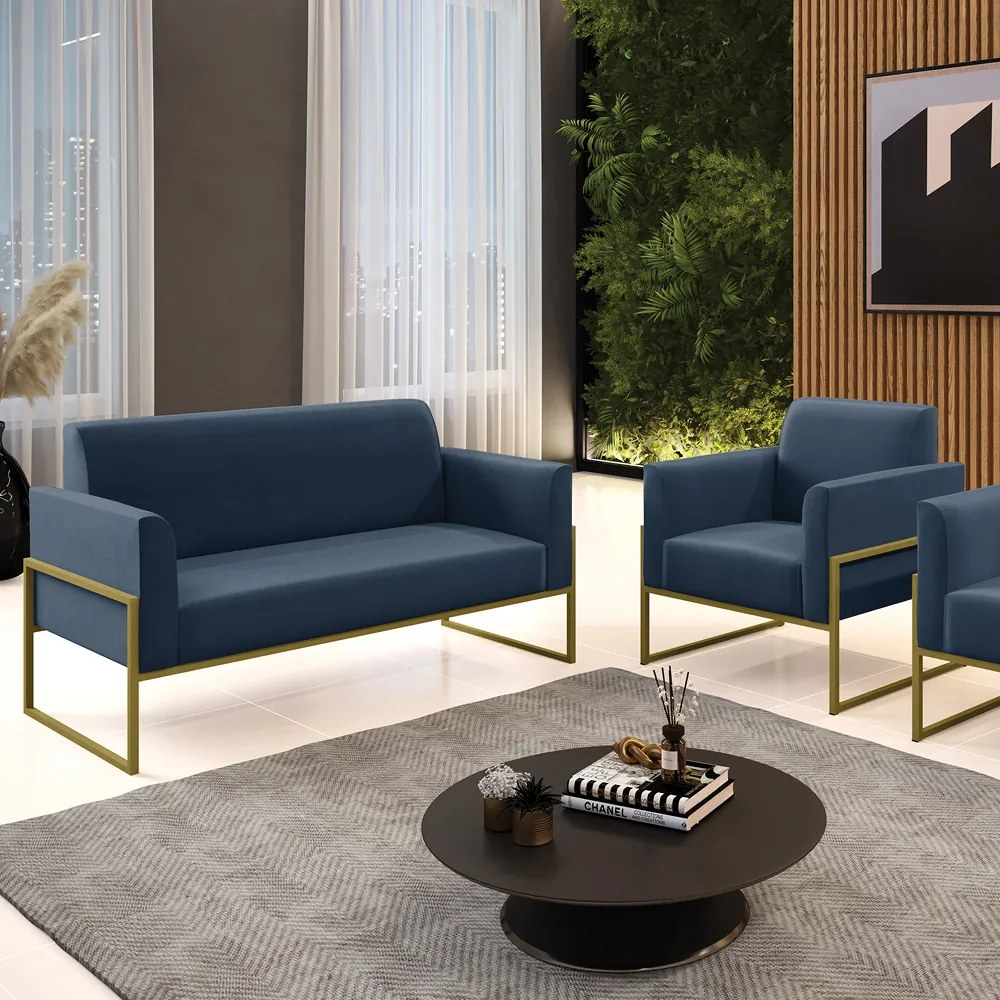 Sofá Namoradeira com Poltrona Base Industrial Alta Dourado Marisa Suede D03 - D'Rossi - Azul Marinho