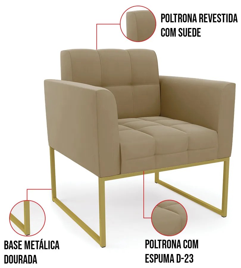 Kit 2 Poltronas Elisa Suede Base Metálica Industrial Dourado D03 - D'Rossi - Marrom Rato
