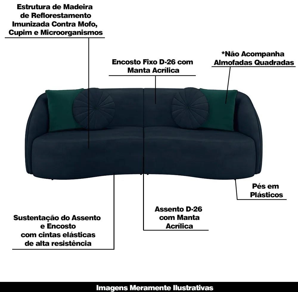 Sofá Decorativo 240cm com Almofadas Redondas Clarke Veludo Azul Marinho G45 - Gran Belo