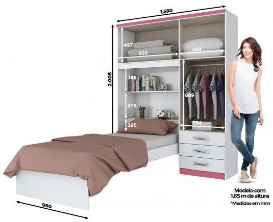 Guarda-roupa Cravo 04 Portas Com Cama Solteiro Embutida Rosa