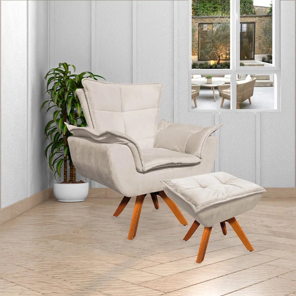 Kit 2 Poltronas Decorativas Base Giratória em Madeira Charger Suede Bege G19 - Gran Belo