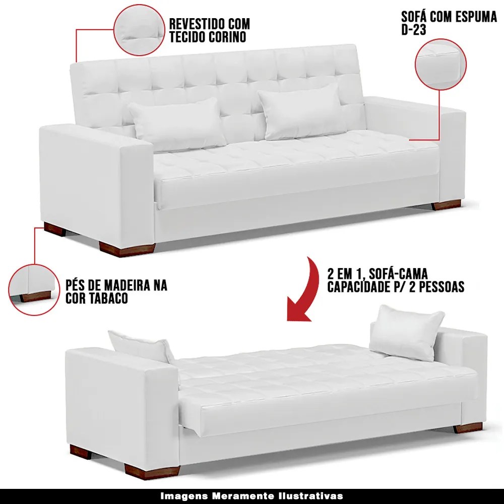 Sofá Cama Decorativo 210cm Beesley Pu Branco Fosco G19 - Gran Belo