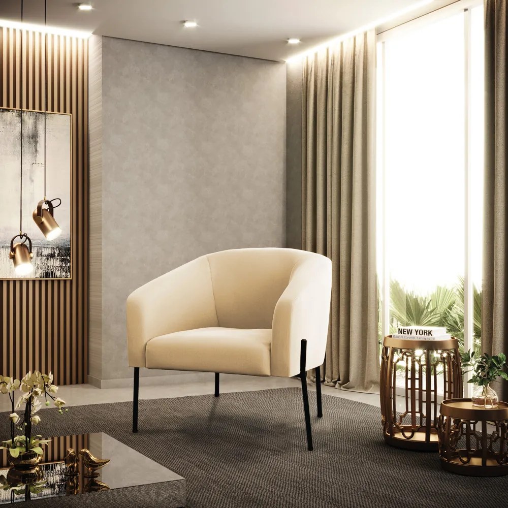 Poltrona Sala Decorativa Pé de Ferro Preto Stella Suede Bege D03 - D'Rossi