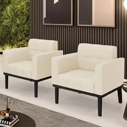 Poltrona Base Madeira Preto Kit 2 Ana Linho Bege - Ibiza