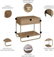 Mesa de Cabeceira Quarto 60cm 1 Gaveta Mario Hanover/Dourado A10 - Mpo