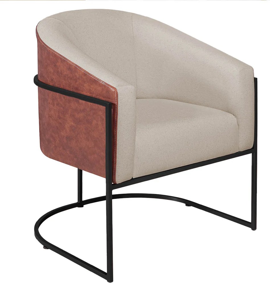 Poltrona Luiza Base de Ferro Preto Corano Nozes e Linho Bege - ADJ Decor