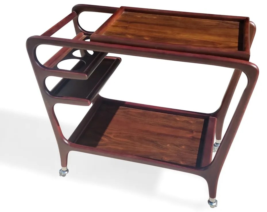 Carrinho Bar Vintage Tampo Bandeja Suporte para 3 Garrafas Estrutura Madeira Maciça Eucalipto Design Retrô com Rodízios