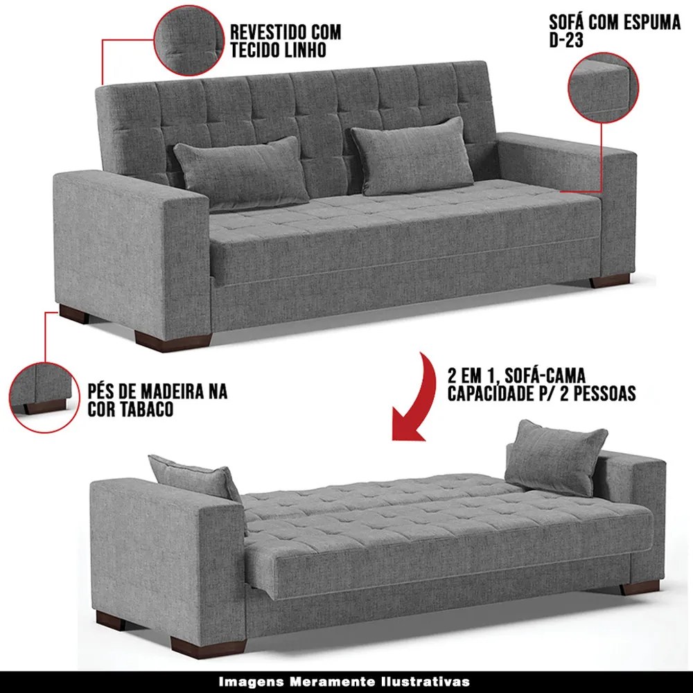 Sofá Cama Decorativo 210cm Beesley Linho Grafite G19 - Gran Belo