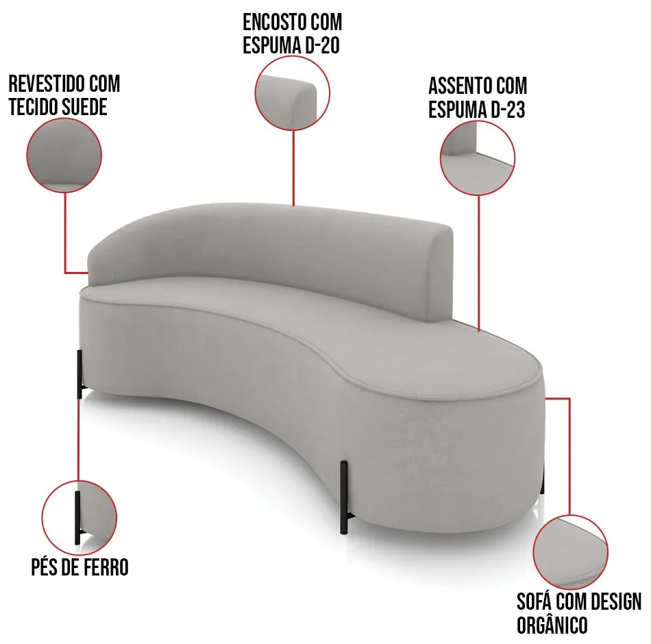 Sofá 4 Lugares Orgânico 220cm Pé Ferro Preto Morgan Suede D03 - D'Rossi - Cinza