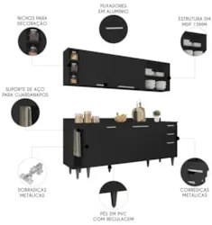 Armário de Cozinha CP13 e Tampo 178cm Pérola M24 Preto      - Mpozenat