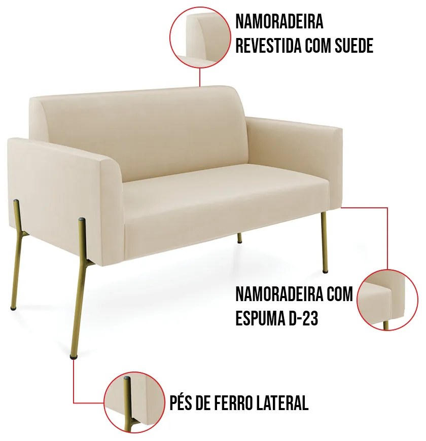 Sofá Namoradeira e 2 Poltronas Pé de Ferro Dourado Marisa Suede D03 - D'Rossi - Bege