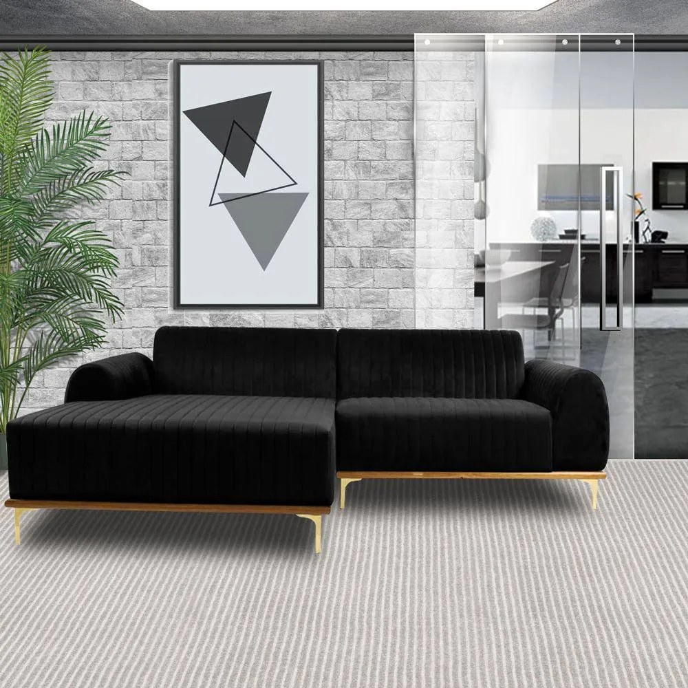 Sofá 3 Lugares Bipartido com Chaise Lado Direito Base de Madeira Euro 230 cm Veludo Preto G15 - Gran Belo