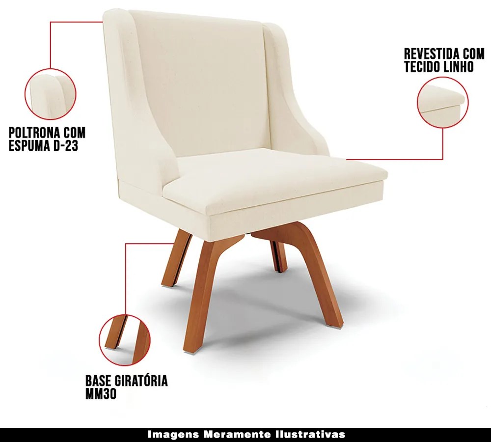 Kit 2 Cadeiras Decorativas Sala de Jantar Base Giratória de Madeira Firenze Linho Bege/Natural G19 - Gran Belo