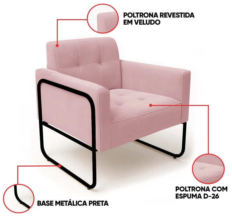 Poltrona Sala Industrial Alta Tubo Preto Elisa Veludo D03 - D'Rossi - Rose