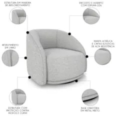Poltrona Decorativa Orgânica Giratória Lya Z32 Linho Cinza Claro - Mpo