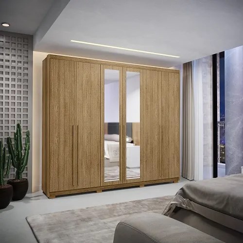 Guarda Roupa Com Espelho Dubai Majestic 6 Portas e 3 Gavetas Nature - Vila Rica Móveis