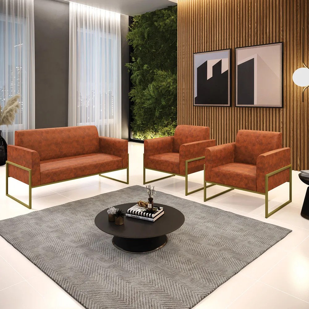 Sofá Namoradeira com 2 Poltronas Base Industrial Alta Dourado Marisa Corano D03 - DRossi - Nozes