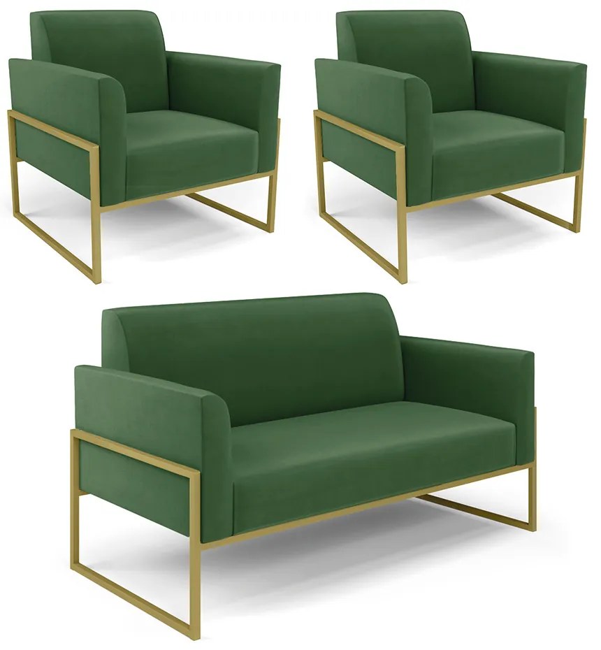 Sofá Namoradeira com 2 Poltronas Base Industrial Alta Dourado Marisa Suede D03 - D'Rossi - Verde