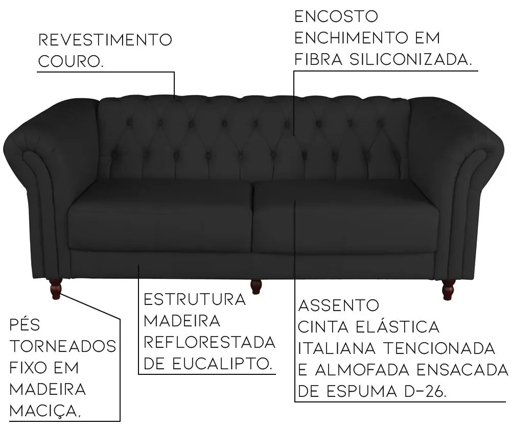 Sofá 3 Lugares Maggiore 220cm Couro Preto G58 - Gran Belo