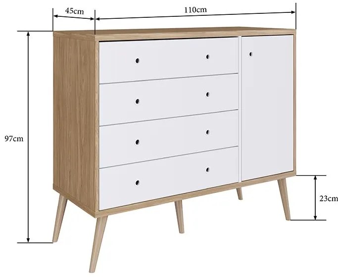 Comoda Infantil Retrô 04 Gavetas 1 Porta Pés Palito - Branco/Itapua