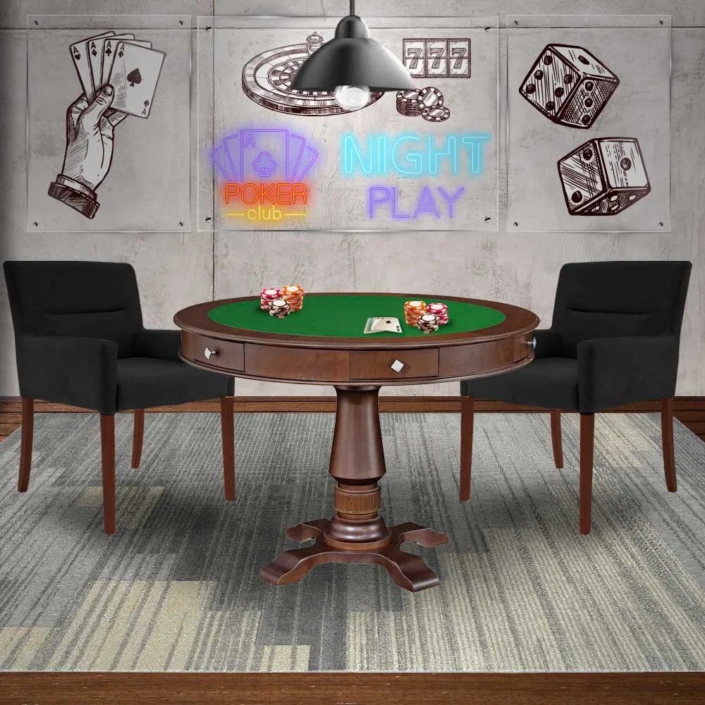 Mesa de Jogos Carteado Victoria Redonda Tampo Reversível Imbuia com Kit 2 Cadeiras Vicenza Preto Fosco G36 G15 - Gran Belo