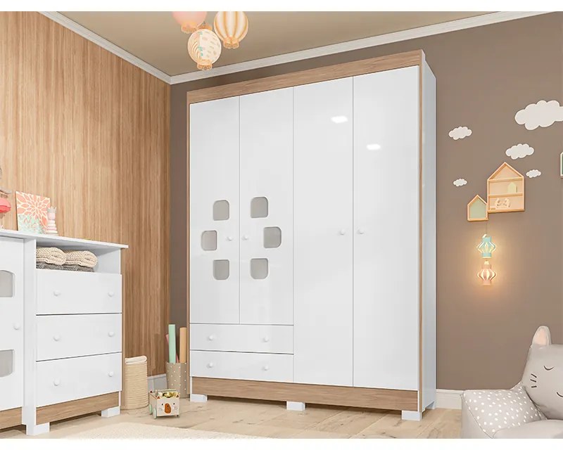 Guarda Roupa Infantil Carinho 4 Portas 2 Gavetas Branco Flex - Incorplac - Branco
