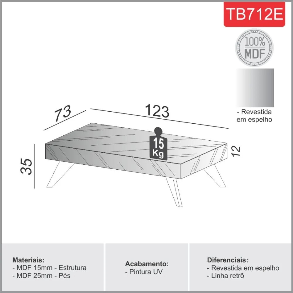 Mesa De Centro Retrô Espelhada 123cm 100% Mdf Tb712e Dalla Costa