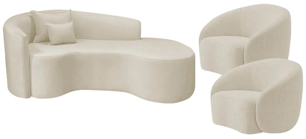 Kit Recamier Curvo Sala de Estar Inglaterra 180cm Lado Direito e 2 Poltronas Orgânica Luxo Amore Bouclé