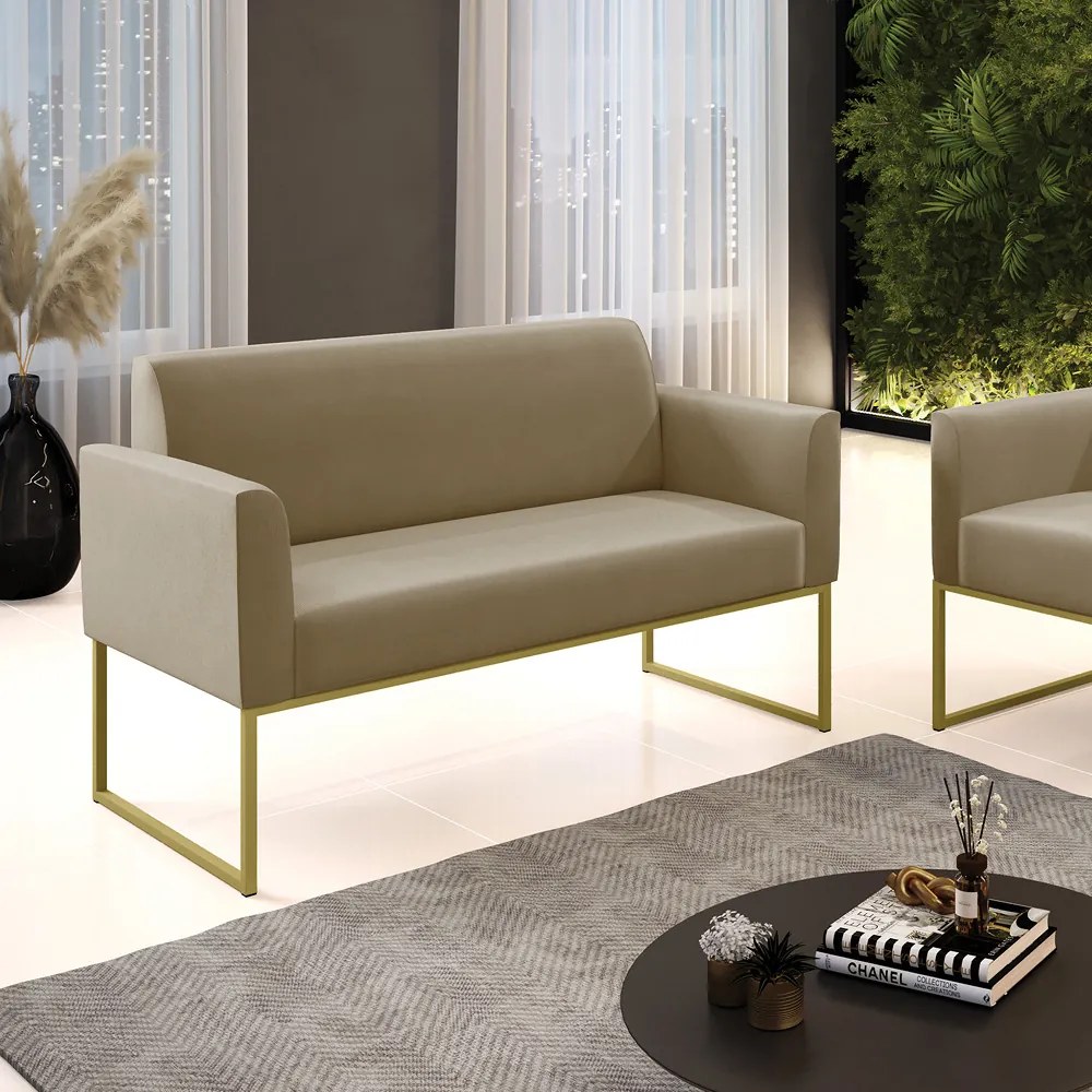 Sofá Namoradeira Base Industrial Dourado Marisa Suede Marrom Rato D03 - D'Rossi