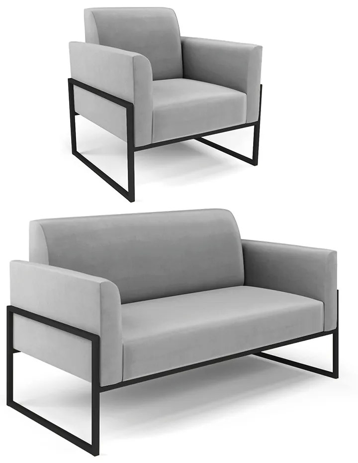Sofá Namoradeira com Poltrona Base Industrial Alta Preto Marisa Suede D03 - DRossi - Cinza