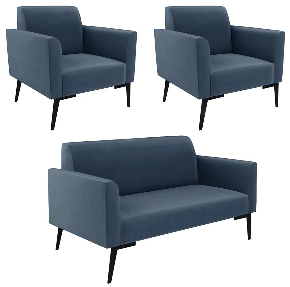 Sofá Namoradeira com 2 Poltronas Pés Villach Marisa Suede D03 - D'Rossi - Azul Marinho