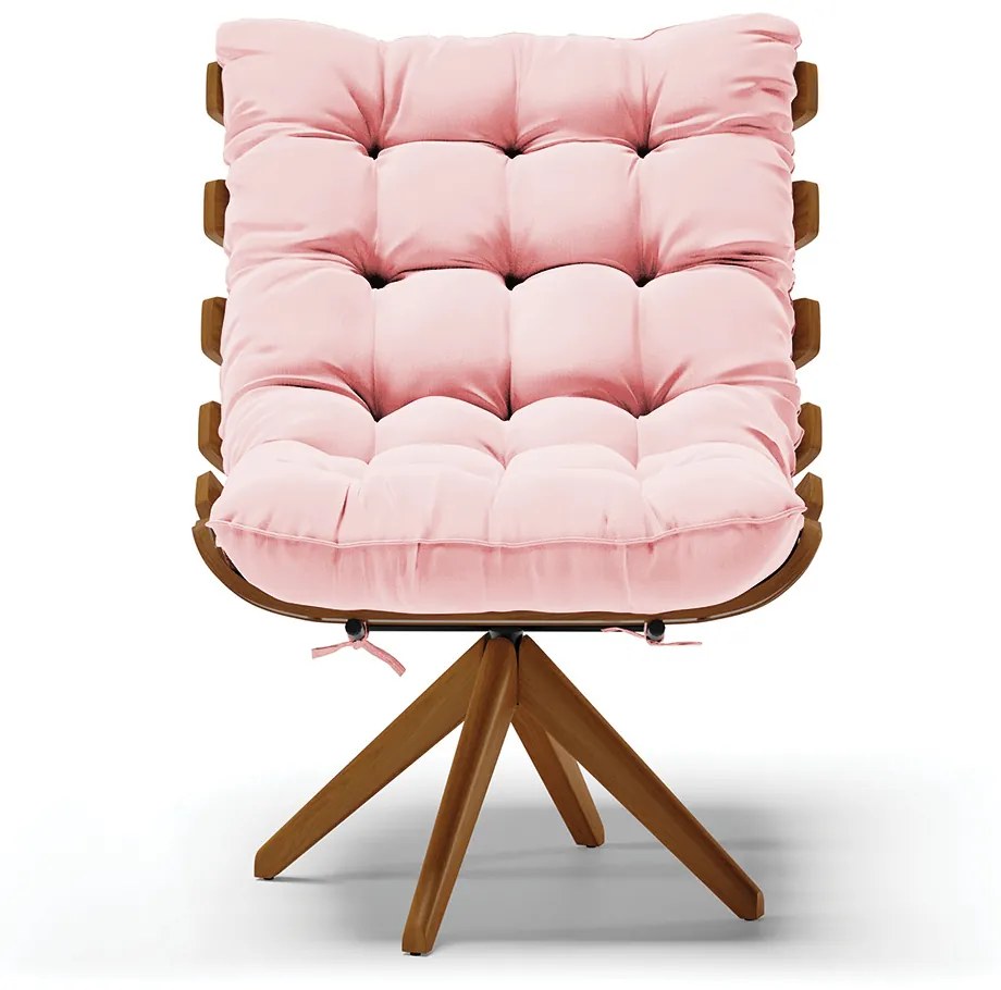 Poltrona Giratória Costela Suede Base de Madeira MA30 M11 - D'Rossi - Rosa Bebê