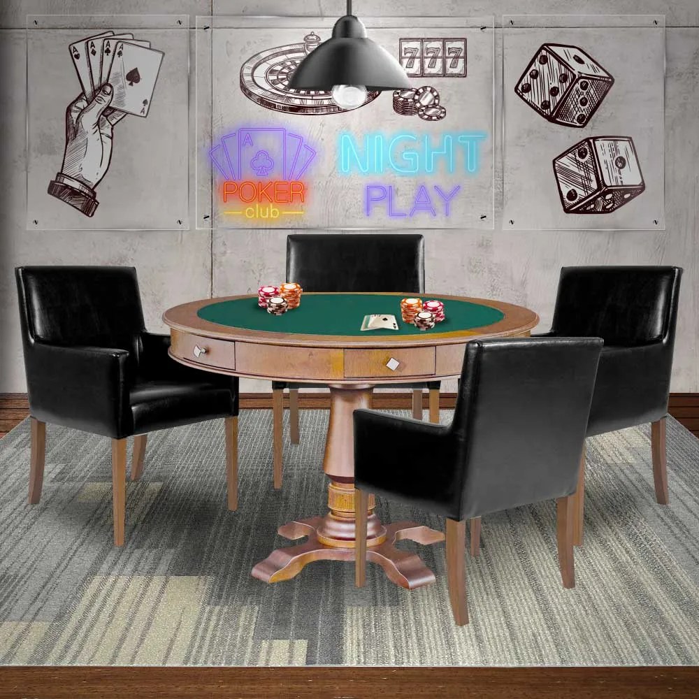 Mesa de Jogos Carteado Victoria Redonda Tampo Reversível Amêndoa com Kit 4 Cadeiras Liverpool Corino Preto Liso G36 G15 - Gran Belo