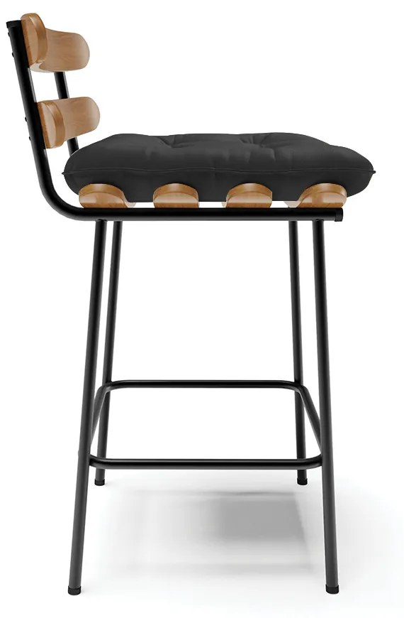 Kit 04 Banquetas Costela Corino Preto Base Metálica Preto - D'Rossi