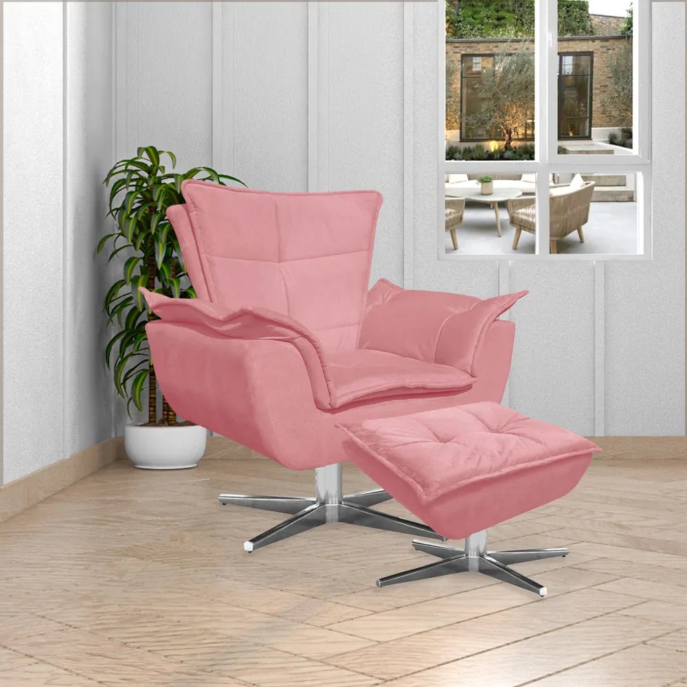 Kit 2 Poltronas Decorativas Base Giratória Cromada Charger Suede Rosê G19 - Gran Belo