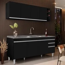 Armário Aéreo Nevada e Balcão Gabinete 180cm Com Pia Dallas Preto - Lu