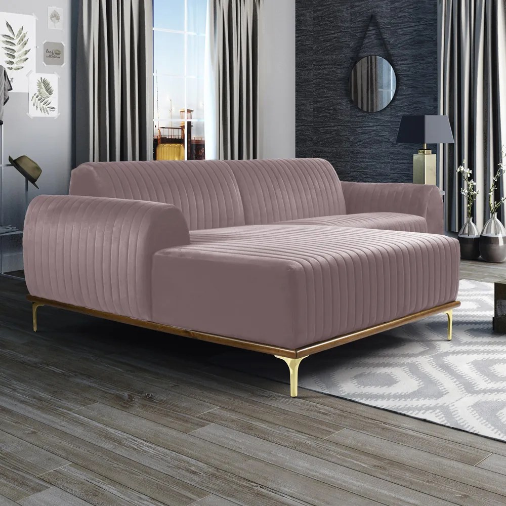 Sofá 3 Lugares Lisboa D07 com Chaise Esquerda 230cm Veludo Rosa - D'Rossi