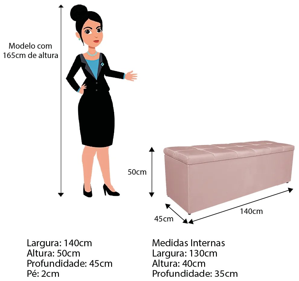 Calçadeira Estofada Manchester 140 cm Casal Suede Rosê - ADJ Decor