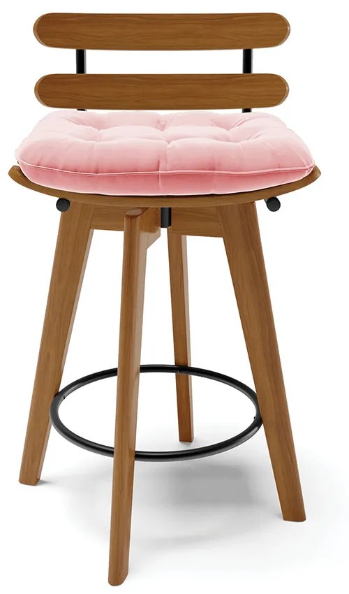 Kit 04 Banquetas Giratória Costela Suede Rosa Bebê Base Madeira MA70 - D'Rossi