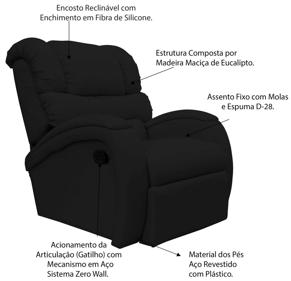 Poltrona do Papai Reclinável Zero Wall com Gatilho Oasis PU Sintético Preto G23 - Gran Belo
