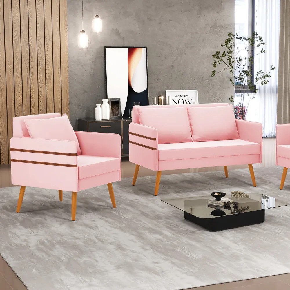Kit 01 Namoradeira 02 Lugares e 01 Poltrona Mari Suede Pés Palito Castanho - D'Rossi - Rosa Bebê