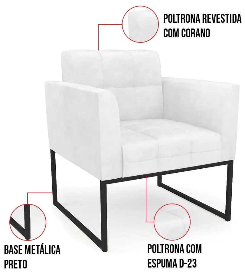 Kit 1 Sofá Namoradeira e 1 Poltrona Elisa Corano Base Metálica Industrial Preto D03 - D'Rossi - Branco