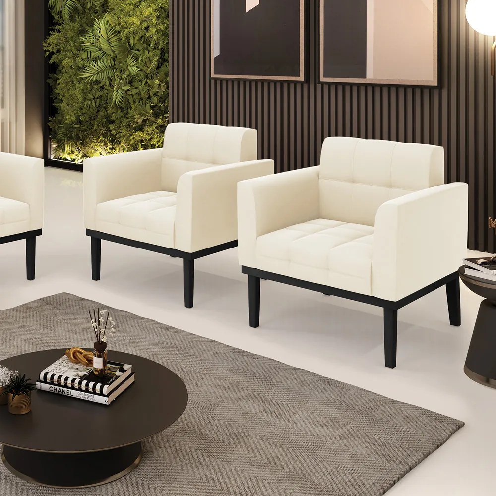 Kit 2 Poltronas Decorativas Karen Pés Fixo em Madeira Preto Veludo Bege G19 - Gran Belo