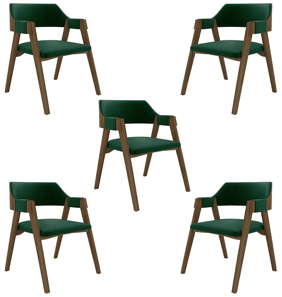 Kit 5 Cadeiras Sala de Jantar e Jogos Carteados Madeira Maciça Poker Veludo Verde/Nogueira G42 - Gran Belo