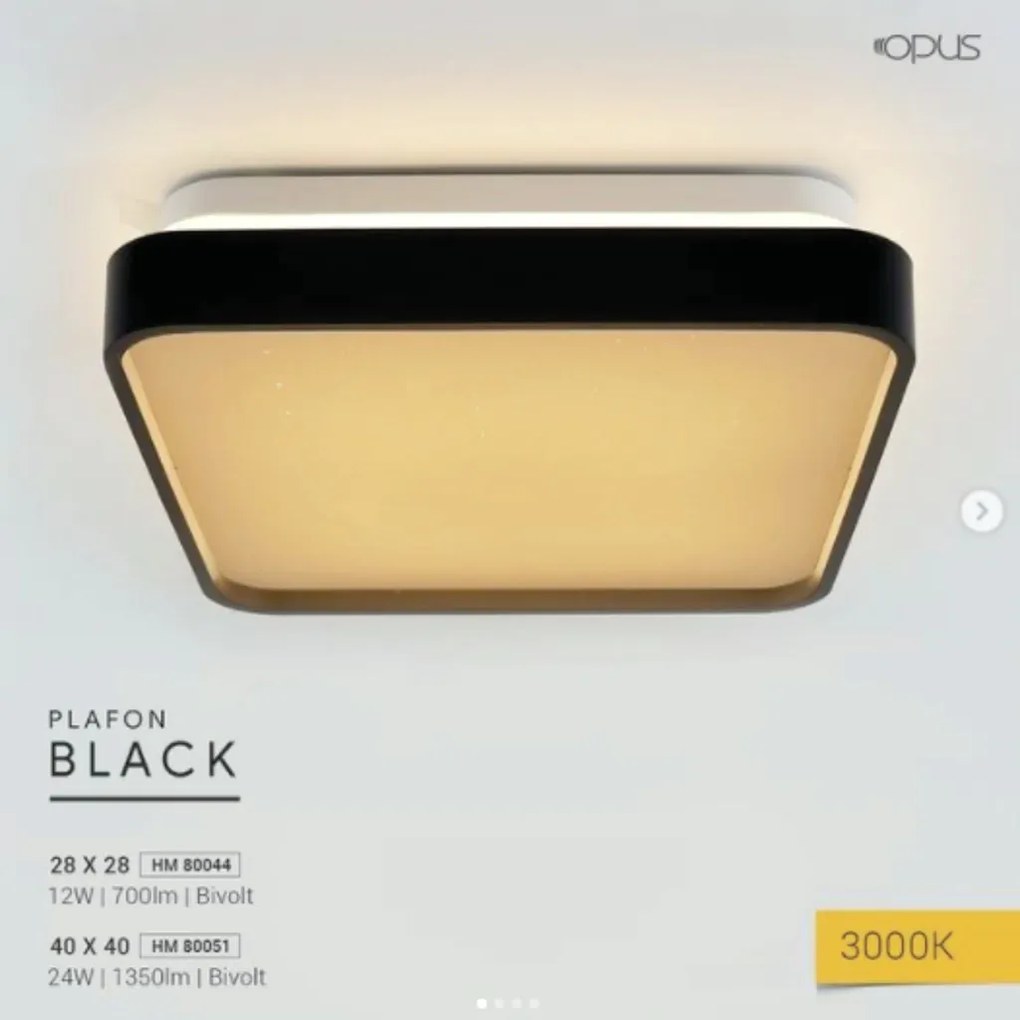 Plafon Black 12W Led 3000K 28X28X7,5Cm Ip20 Bivolt Preto | Opus Hm 800...